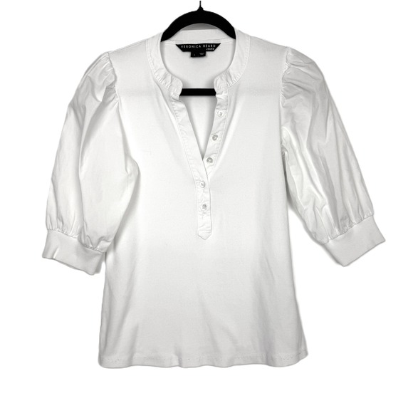 Veronica Beard Coralee Ribbed Knit Puff Sleeve Henley Top White Small - Picture 3 of 8